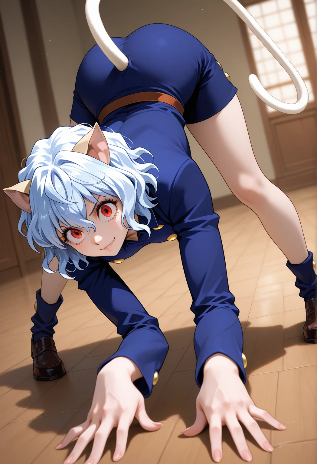 basement yoke rope (yoke_the benches:1.2）_Tail claws are located at the rear_view humans_White cat cub wearing swimsuit, White under underwear, Short hair details, red eyes，Cat's paws，detailedbackground，High Picture Quality，A high resolution，Detailed details