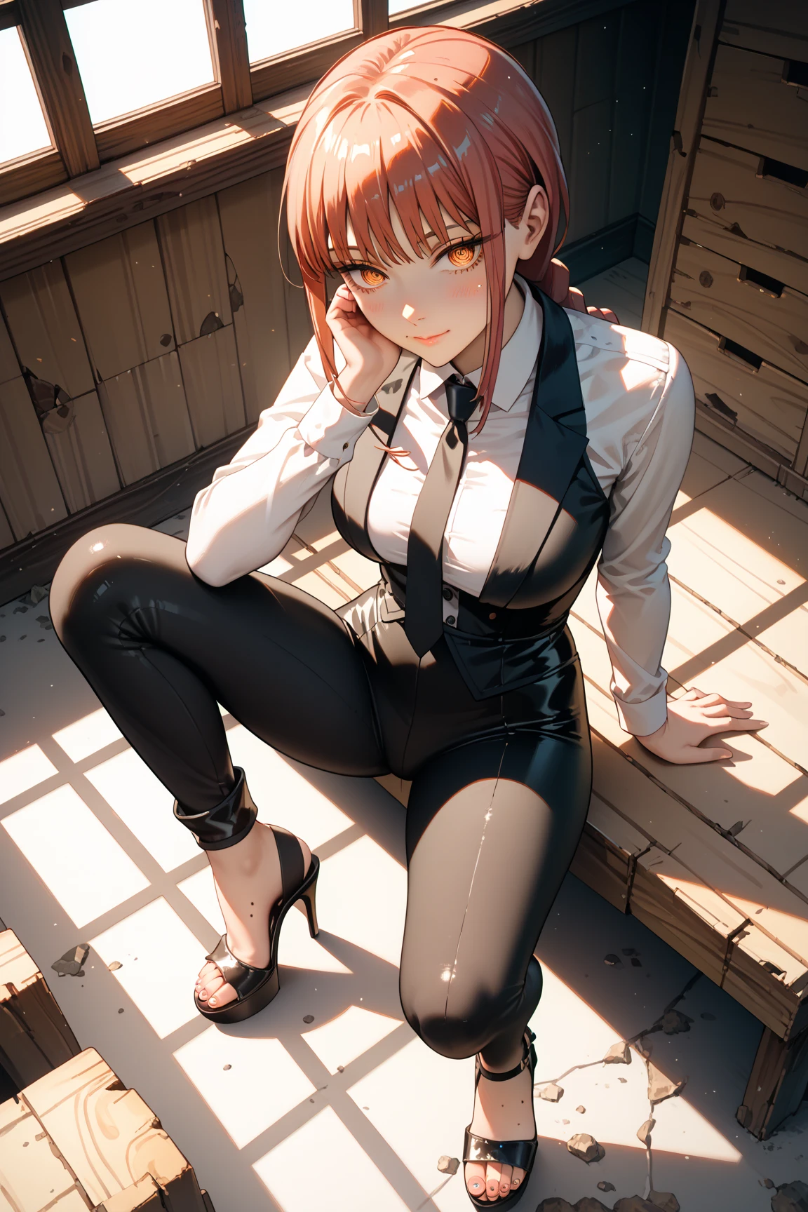 1girl, Makima (Chainsaw Man), beautiful face, detailed face, pretty, orange hair, long hair, tied hair, hair bang, straight hair bang, yellow eyes, detailed eyes, mature woman, mommy, smiling sadistically, evil smile, crazy grin, tie, black tie, white leotard, office pants, dark gray pants, latex pants, boots, black boots, leather boots, combat boots, red light, blood on face, stains of blood on the face