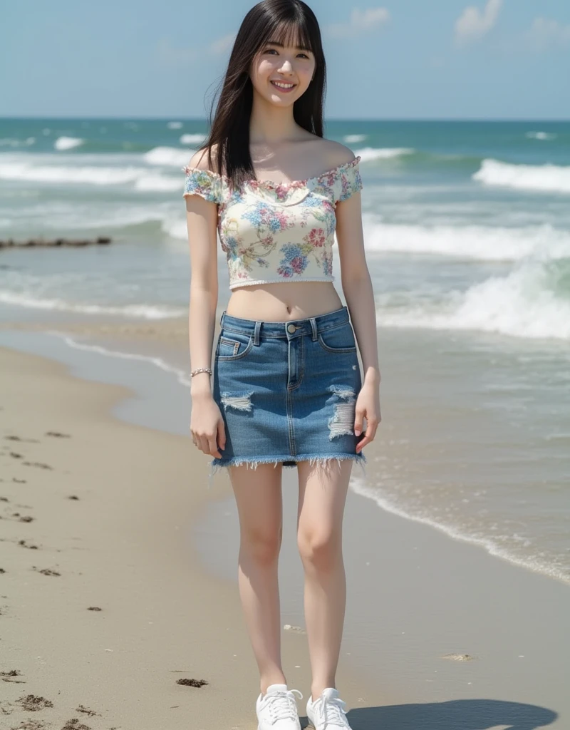 Standing on a deserted sea embankment、Long black hair、mini skirt、Cute Face、Smiling、Full body portrait