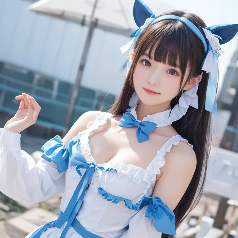 woman, 20-year-old, Short black wavy hair、bangs、Cat ear、plump nipples、(White Bikini)、(Blue long skirt), Black Stockings Zium Milk, Cute Smile、((Poses that accentuate the buttocks、looked back))、Sexy Hips、Black high heels、Big Necklace、((((The wind blew my skirt away, Revealing panties...))))、(Light blue lace panties)、Cute Earrings、(Please tilt your head a little)