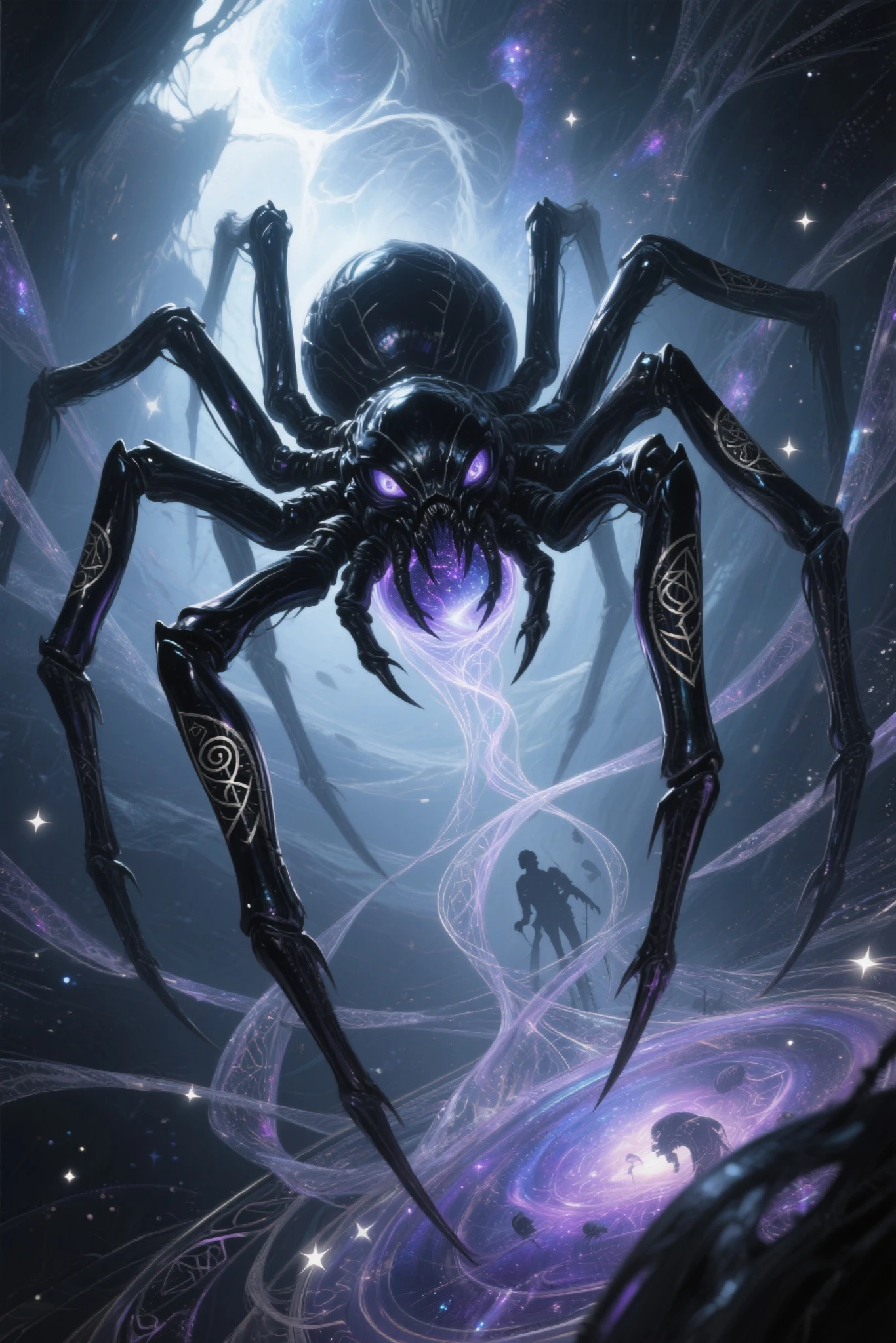 {{{View/Shot}}}
dynamic low-angle full-body shot, centered on Nyx-Silk with her rider atop her back, surrounded by interdimensional webs and encroaching enemies from fractured realities

{{{Subject (with details)}}}
Nyx-Silk, a towering spider with a liquid obsidian exoskeleton, rune-carved legs in constant, glowing motion, and a translucent abdomen swirling with captive galaxies. Mounted on her back is her chosen rider — a lone figure clad in reality-worn robes, a fractal mask that mirrors shifting timelines, and a living tattoo across their arms and neck that pulses in sync with Nyx-Silk’s silk. The rider is fully merged into the spider's form, gripping strands of glowing thread like reins, eyes locked on enemies weaving between the strands

{{{Medium}}}
digital art, epic cinematic fantasy-scifi concept illustration

{{{Resolution/Detail Terms}}}
8K resolution, ultra quality, hyper-detailed, intricate runes, cosmic silk textures, multi-layered spatial depth, crystal-clear enemy silhouettes

{{{Style References}}}
inspired by Maciej Kuciara and Moebius with Gigeresque complexity, cosmic surrealism, and dystopian fantasy tone

{{{Additional Details}}}
Nyx-Silk navigates a vast, celestial web stretched between broken dimensions, while spectral enemies — twisted echoes of forgotten gods, fragmented time-ghosts, and beasts made of pure paradox — crawl along the threads. Around them, shattered relics from dead worlds float among broken planets and melting stars. The silk pulses with memory, and the rider's tattoo glows brighter as the battle escalates

{{{Main Color Themes}}}
obsidian black, iridescent purples, deep void blues, silver starlight, hints of corrupted crimson and glowing gold

{{{Lighting/Shadow}}}
rim lighting from collapsing rifts, pulsating glow from silk strands, deep dimensional shadows shifting across enemy forms, ambient backlight from a dying star in the distance

{{{Quality Terms}}}
masterpiece, cinematic composition, high fidelity, ultra-detailed, trending on ArtStation, epic fantasy showcase