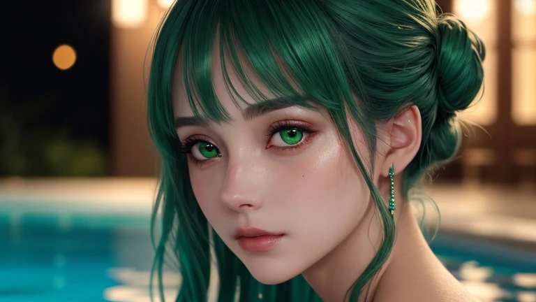 (upper body:1.3), (photorealistic:1.4),asian, best quality, 1girl,beautiful lighting,nude, (green hair)+(short hair,)+(bangs),bruised eye, golden eyes, (ringed eyes), (white shirt), (necktie), RAW photo, 8k uhd, swimsuit, <lora:tamaki:1.4>