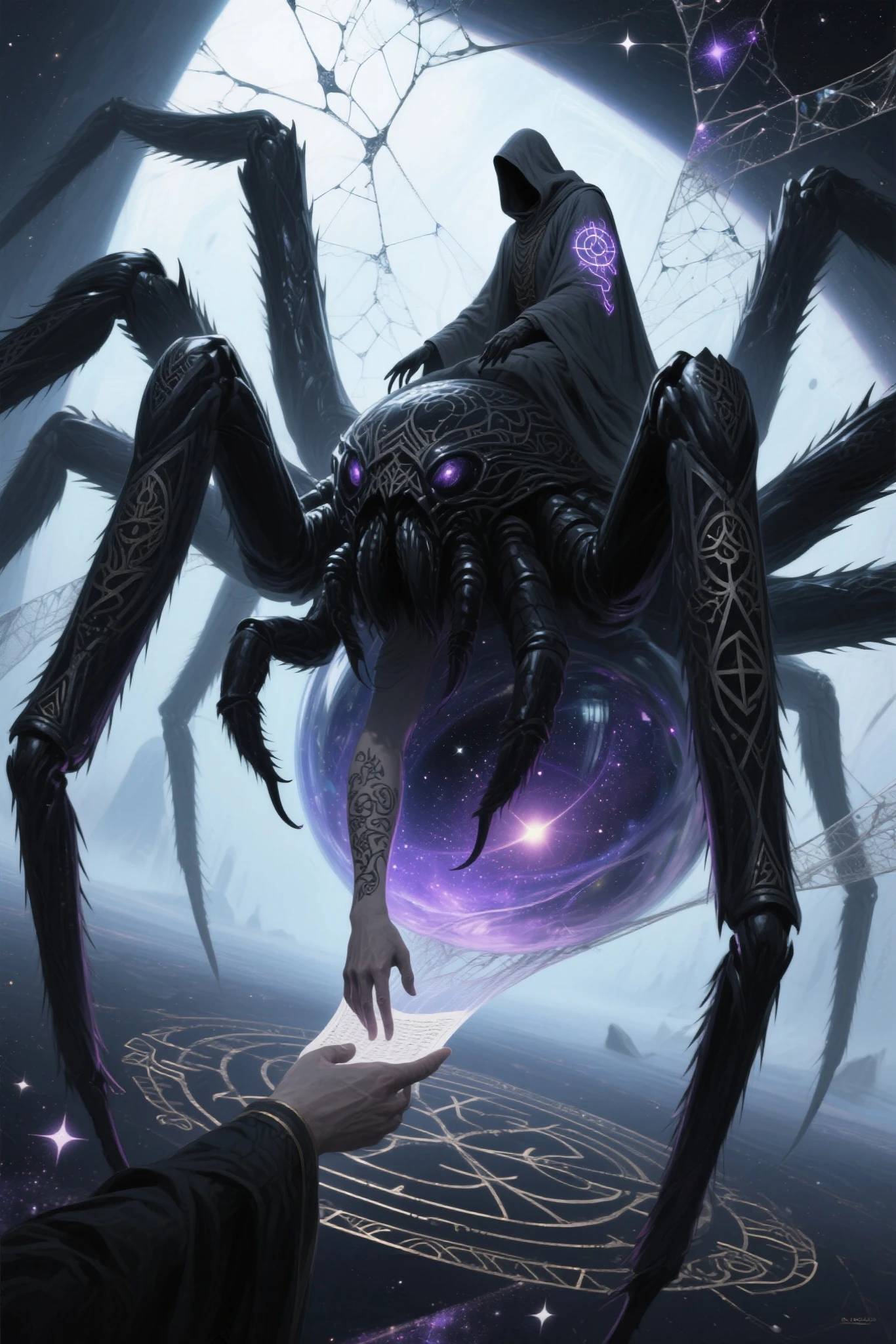 {{{View/Shot}}}
dynamic low-angle full-body shot, centered on Nyx-Silk with her rider atop her back, surrounded by interdimensional webs and encroaching enemies from fractured realities

{{{Subject (with details)}}}
Nyx-Silk, a towering spider with a liquid obsidian exoskeleton, rune-carved legs in constant, glowing motion, and a translucent abdomen swirling with captive galaxies. Mounted on her back is her chosen rider — a lone figure clad in reality-worn robes, a fractal mask that mirrors shifting timelines, and a living tattoo across their arms and neck that pulses in sync with Nyx-Silk’s silk. The rider is fully merged into the spider's form, gripping strands of glowing thread like reins, eyes locked on enemies weaving between the strands

{{{Medium}}}
digital art, epic cinematic fantasy-scifi concept illustration

{{{Resolution/Detail Terms}}}
8K resolution, ultra quality, hyper-detailed, intricate runes, cosmic silk textures, multi-layered spatial depth, crystal-clear enemy silhouettes

{{{Style References}}}
inspired by Maciej Kuciara and Moebius with Gigeresque complexity, cosmic surrealism, and dystopian fantasy tone

{{{Additional Details}}}
Nyx-Silk navigates a vast, celestial web stretched between broken dimensions, while spectral enemies — twisted echoes of forgotten gods, fragmented time-ghosts, and beasts made of pure paradox — crawl along the threads. Around them, shattered relics from dead worlds float among broken planets and melting stars. The silk pulses with memory, and the rider's tattoo glows brighter as the battle escalates

{{{Main Color Themes}}}
obsidian black, iridescent purples, deep void blues, silver starlight, hints of corrupted crimson and glowing gold

{{{Lighting/Shadow}}}
rim lighting from collapsing rifts, pulsating glow from silk strands, deep dimensional shadows shifting across enemy forms, ambient backlight from a dying star in the distance

{{{Quality Terms}}}
masterpiece, cinematic composition, high fidelity, ultra-detailed, trending on ArtStation, epic fantasy showcase