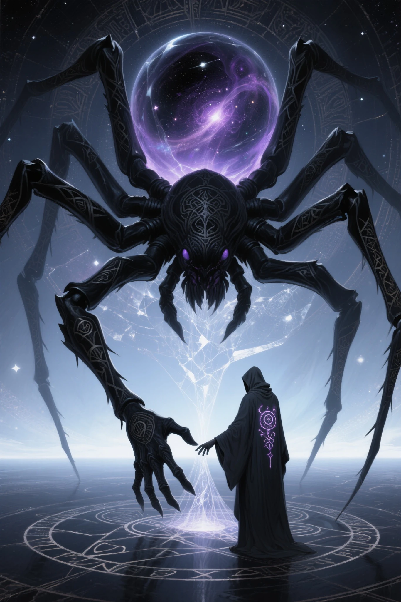 {{{View/Shot}}}
dynamic low-angle full-body shot, centered on Nyx-Silk with her rider atop her back, surrounded by interdimensional webs and encroaching enemies from fractured realities

{{{Subject (with details)}}}
Nyx-Silk, a towering spider with a liquid obsidian exoskeleton, rune-carved legs in constant, glowing motion, and a translucent abdomen swirling with captive galaxies. Mounted on her back is her chosen rider — a lone figure clad in reality-worn robes, a fractal mask that mirrors shifting timelines, and a living tattoo across their arms and neck that pulses in sync with Nyx-Silk’s silk. The rider is fully merged into the spider's form, gripping strands of glowing thread like reins, eyes locked on enemies weaving between the strands

{{{Medium}}}
digital art, epic cinematic fantasy-scifi concept illustration

{{{Resolution/Detail Terms}}}
8K resolution, ultra quality, hyper-detailed, intricate runes, cosmic silk textures, multi-layered spatial depth, crystal-clear enemy silhouettes

{{{Style References}}}
inspired by Maciej Kuciara and Moebius with Gigeresque complexity, cosmic surrealism, and dystopian fantasy tone

{{{Additional Details}}}
Nyx-Silk navigates a vast, celestial web stretched between broken dimensions, while spectral enemies — twisted echoes of forgotten gods, fragmented time-ghosts, and beasts made of pure paradox — crawl along the threads. Around them, shattered relics from dead worlds float among broken planets and melting stars. The silk pulses with memory, and the rider's tattoo glows brighter as the battle escalates

{{{Main Color Themes}}}
obsidian black, iridescent purples, deep void blues, silver starlight, hints of corrupted crimson and glowing gold

{{{Lighting/Shadow}}}
rim lighting from collapsing rifts, pulsating glow from silk strands, deep dimensional shadows shifting across enemy forms, ambient backlight from a dying star in the distance

{{{Quality Terms}}}
masterpiece, cinematic composition, high fidelity, ultra-detailed, trending on ArtStation, epic fantasy showcase