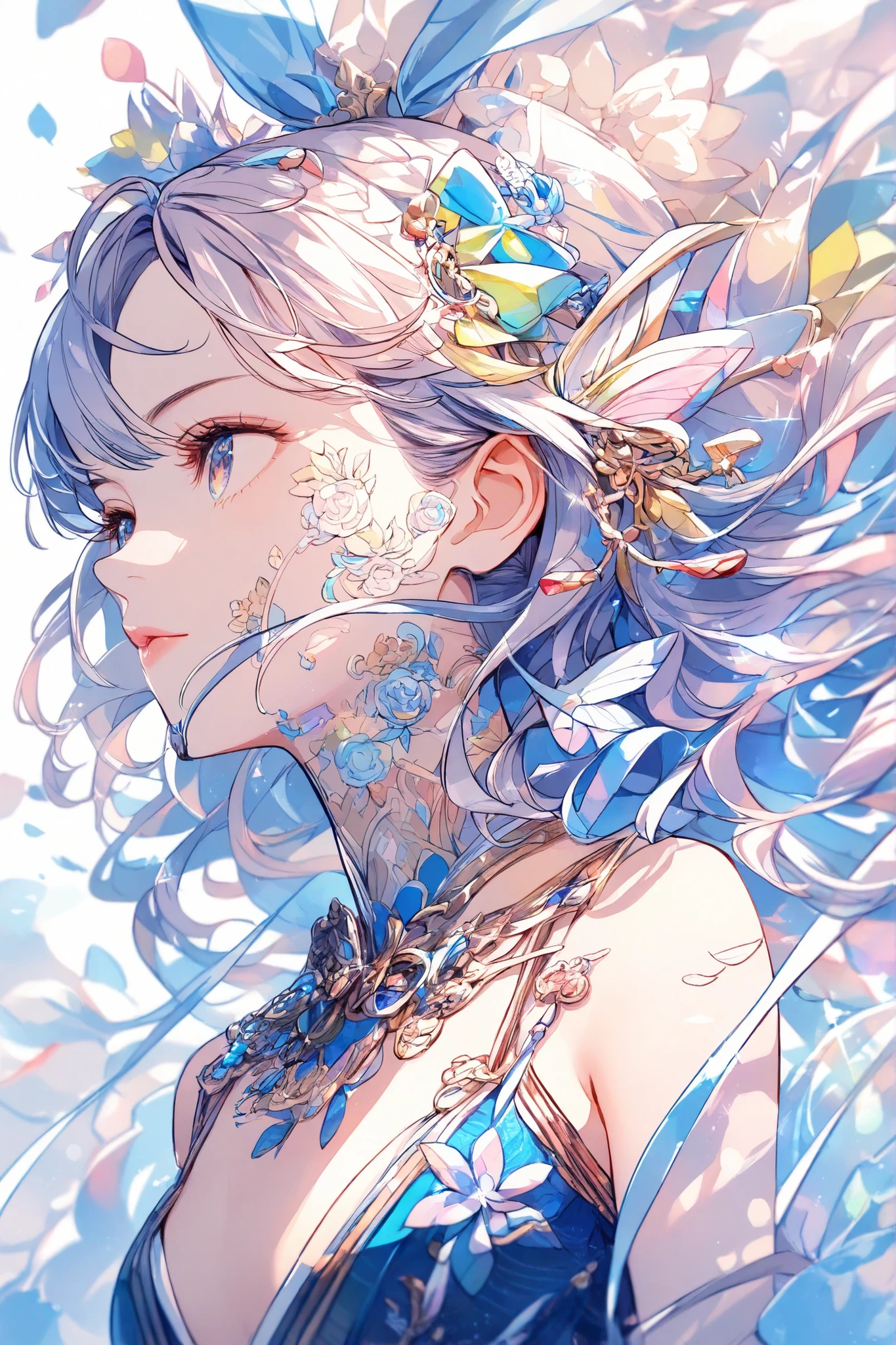 masterpiece,top quality,Super Detailed,8k,watercolor colorful upper body lift One Piece girls 灰色の髪 light ribbon pop, (flat chest:0.8)