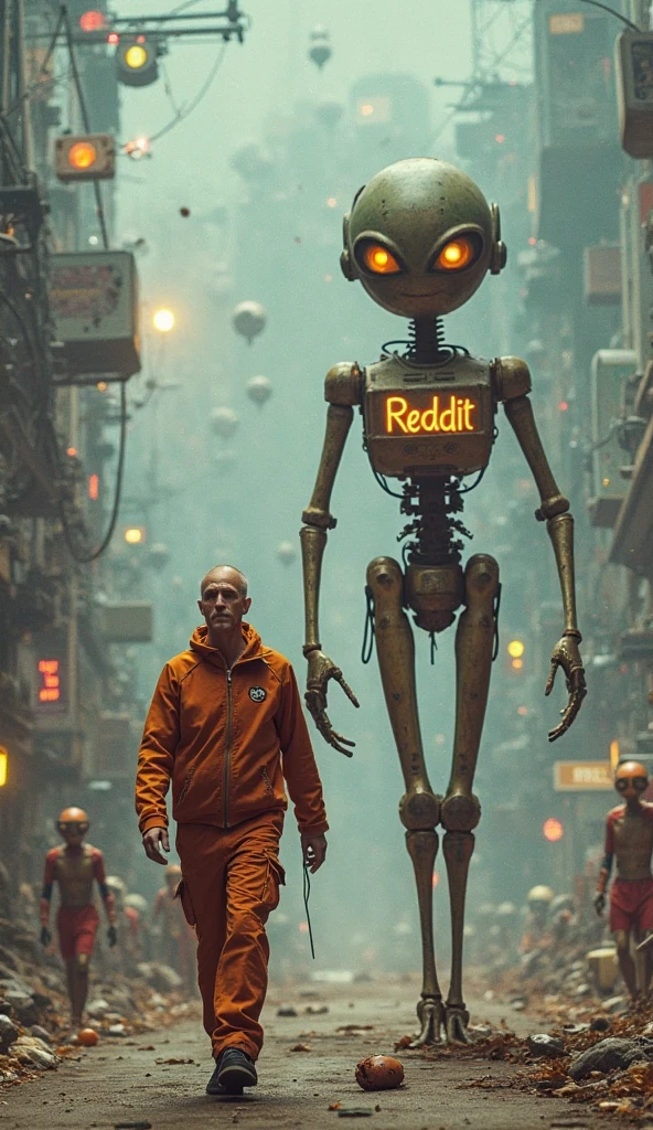 A realistic photograph of a 3d nousr robot in a modern city. A glossy white and orange nousr robot.