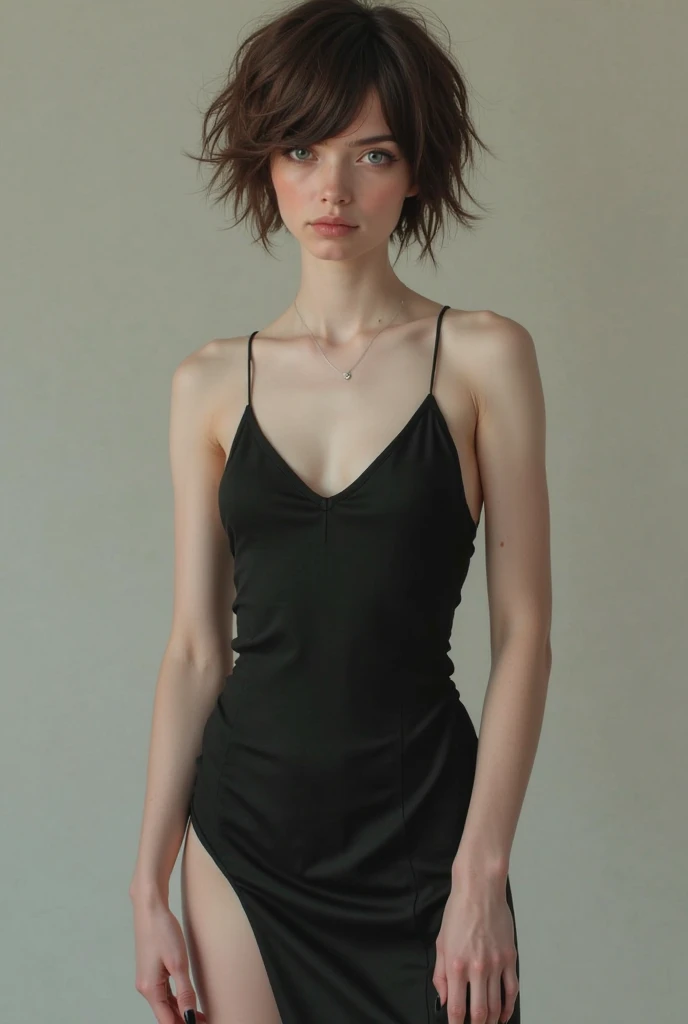 Top quality, 1 beautiful woman, super short Hair, wearing One-Piece Swimsuit, shy-smile, Back pose
