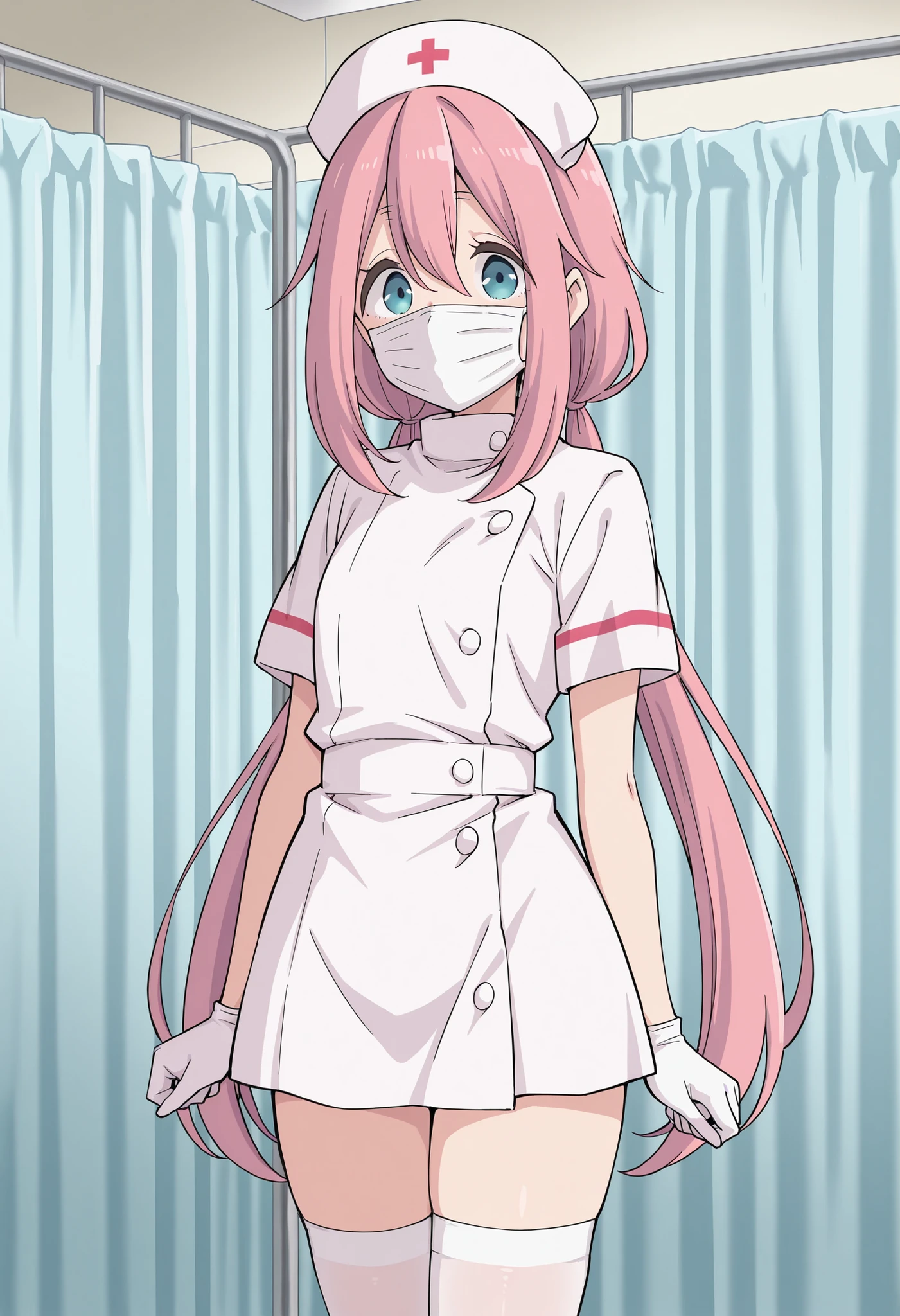 Score_9, score_8_up, score_7_up, source_anime, nadeshiko kagamihara, solo, low twintails, pink hair, blue eyes, (best quality), (high quality), {masterpiece}, extremely delicate and beautiful, ultra-detailed, beautiful detailed eyes, nurse, nurse hat, ((white nurse's outfit)), white gloves, white thighhighs, hospital room, ((white mask, mouth mask, covered nose)), standing