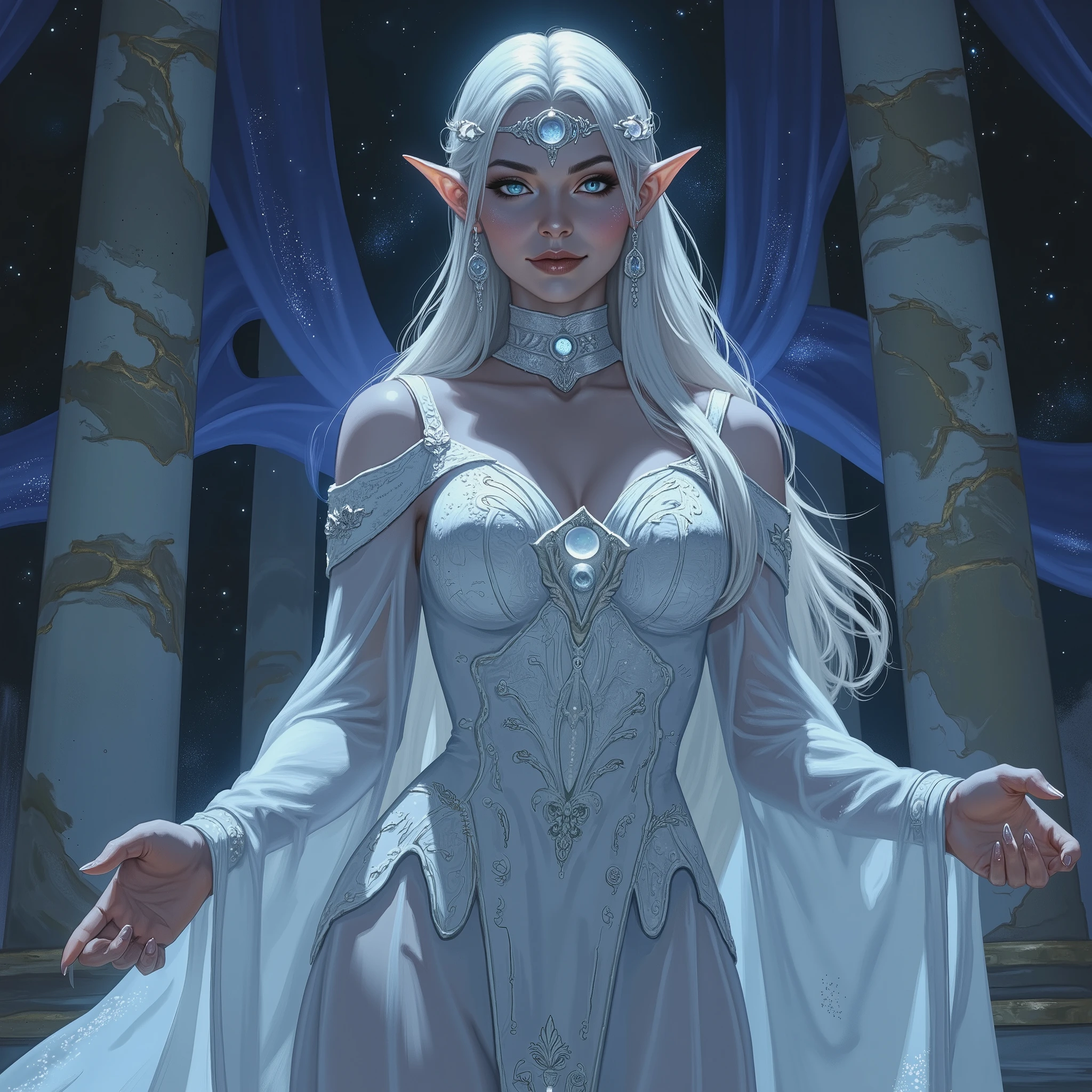 (High-quality image, detailed, perfect anatomy, flawless hands and fingers, skin without blemishes, hair perfectly aligned, perfect pose, masterpiece, good color palette, high contrast, balanced saturation, excellent composition, colors matching description, accurate environment, flawless clothing, no visual errors.)
Full-length portrait of a tall and graceful 268-year-old moon elf high priestess in ceremonial dress, standing in soft moonlight. She has an elegant and compassionate expression, large silver-glowing eyes (mark of Selûne), and long silver-white hair partially braided with small Moon Pearl charms. Her skin is smooth and pale with a luminous glow, reflecting her celestial heritage.
She wears a dazzling long gown made of Branco Prateado Lunar, radiating the purity of a full moon. The light, flowing fabric wraps around her body with ethereal grace, as if woven from celestial light. The Azul Celeste Etéreo transparent sleeves drift like lunar mist, creating a mystical play of shadows. The train fades into Sombra Prateada, mimicking the night sky.
Prata Cintilante embroidery traces constellations (like Ursa Major) and moon phases, adorned with Dourado das Estrelas accents like tiny stitched stars. A belt with fases lunares subtly defines her silhouette. Roxo Profundo do Crepúsculo bands and Lilás das Sombras Lunares arcane patterns add enchanted twilight details.
A tiara prateada em forma de crescente lunar with Pérola Lunar stones rests on her head, while a necklace with a moon pendant and sapphire glows softly. Her gloves, in matte fabric with Dourado das Estrelas embroidery, complete the celestial look. If magic is visible, an Brilho Etéreo shimmers through the gown, as if lit by starlight.
Her posture exudes serene authority, embodying the night sky. The background suggests a moonlit temple with marble columns and silk curtains.
--ar 9:16 --style fantasy --v 5 --sampler Euler --steps 25 --cfg 7