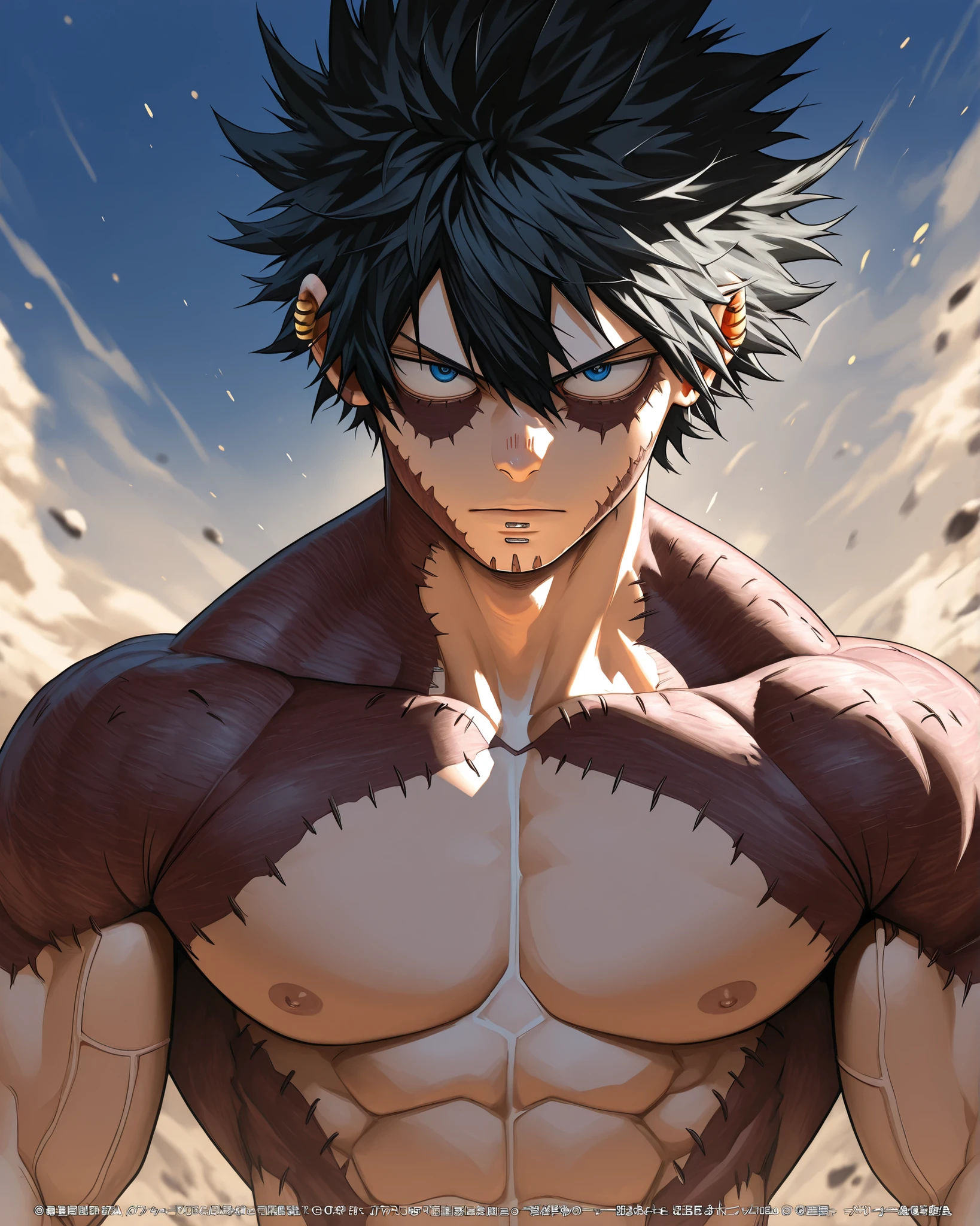 Masterpiece, best quality, high resolution,1 ,Like_BNHA, black hair, blue eyes, short hair, spiked hair, hair between eyes, messy hair, bangs, scar, burn scar, scar on face, piercing, ear piercing, stitches , waist-length body, official style , official art ,anime, Winning Pose, movie poster 4k, IMAX, looking at the spectator, waist-length body, dynamism, fondo blanco, realism, detailed, Ultra details. muscular body, depth of background . ((hyperrealistic))