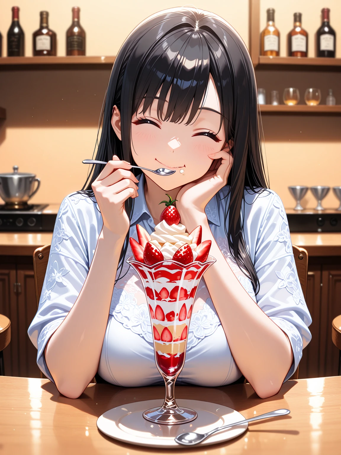 master masterpiece、real、bestquality、photo-realistic、Beautiful girl in Japan eating red shaved ice with strawberry syrup with a spoon、frown、A figure enduring pain with a hand on the forehead、Summer Traditions、Summer traditions of Japan