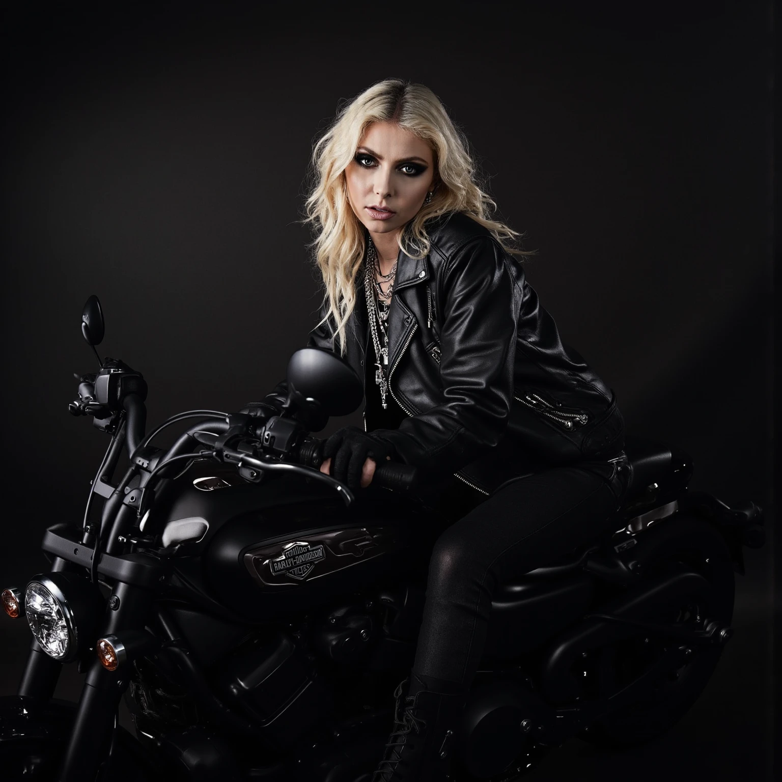 A woman with a rude appearance, long messy blond hair, wearing bohemian style clothing, blue eyes, tattoos on her arms, detailed face, sitting on black Harley Davidson V-Rod heavy bike, highly detailed, 8k, photorealistic, studio lighting, portrait, dynamic pose, dramatic lighting, warm color tones, moody atmosphere
