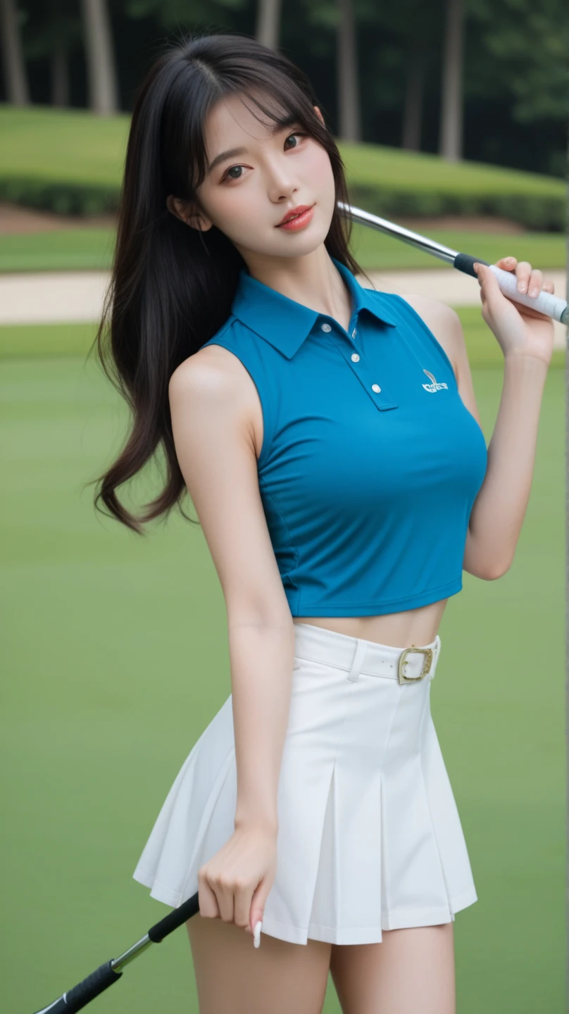 Highly detailed CG Unity 8K wallpapers, With the highest quality, Very detailed, masterpiece, Realistic, Realistic photos, Very detailedかわいい女の子, alone、thin, (タイトなGolf Wear) , (Golf Mini Flare Skirt) , (Wearing golf gloves)、smile , thin body, ((Large Breasts))、Viewers watch, Full Body Shot , Golf course , Sun visor, ponytail,Japanese women、light makeup、