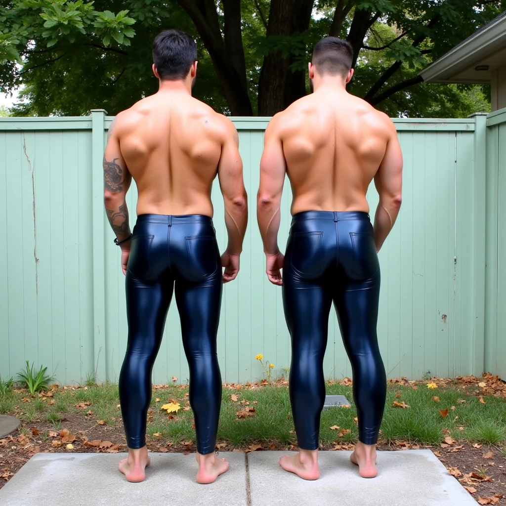 full body view, two white european musuclar teen brothers with blonde undercut clean haircut, one is 12 yo and the other one is 10 yo, both wearing sky-blue sport lycra skinsuit and white lycra socks, no shoes, with big height and weight difference between them, musclegrowth, garden of suburbia mansion