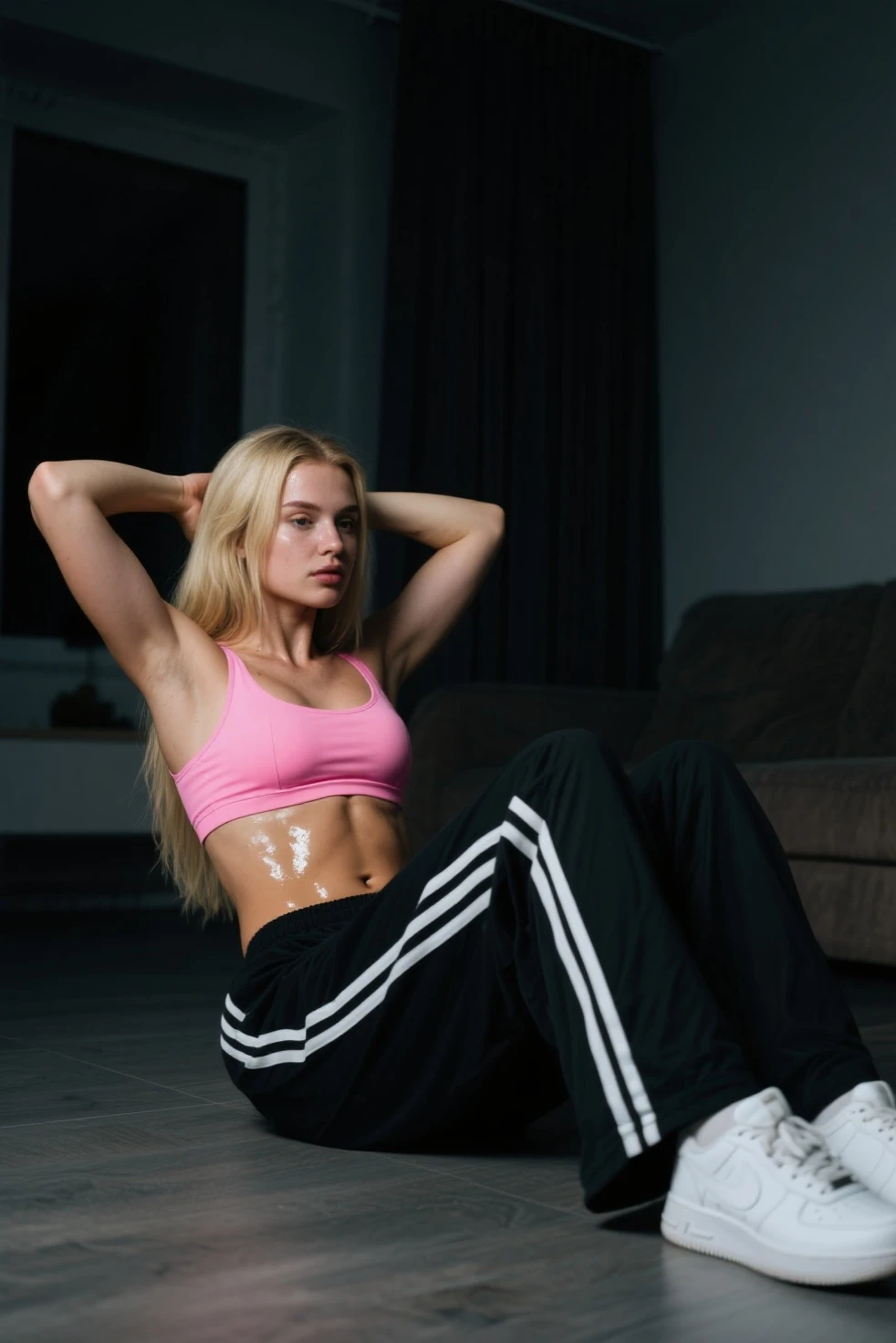 A beautiful woman in her 25s, with blonde hair, white skin, long braids, working out in a loose t-shirt and sweatpants, cinematic light, soft light, ultra realistic, iPhone quality,