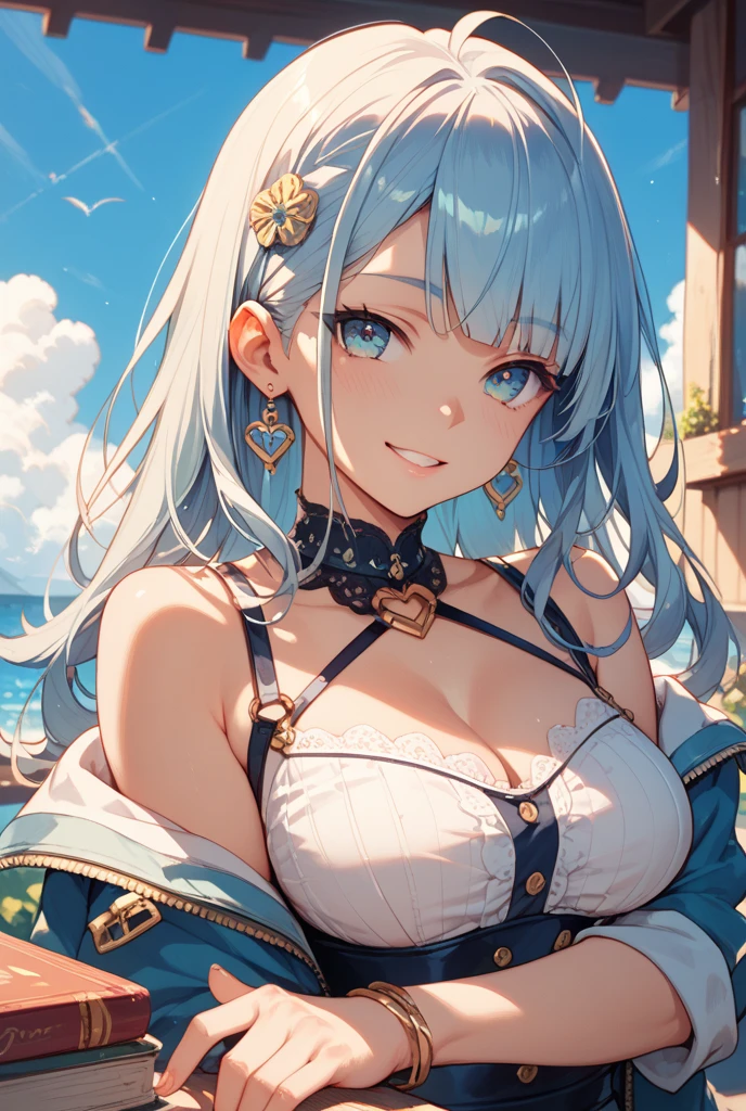1 girl,Medium ,Looking at the audience, Smile, Sky,ocean, from above, Areola,en nipples,White