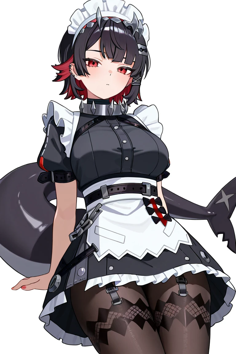 score_9, score_8_up, score_7_up, source_anime, solo, 1girl, 1girl,ellen_joe,,mole_under_eye,large_breasts,medium_breasts, pornstaroutfit, text on clothing, , lingerie, text clearly says " STAR", standing, indoors, fancy living room, unhappy, spoken ellipses, crossed arms, looking away, close up, waist-up shot, night, maid headdress, shark tail