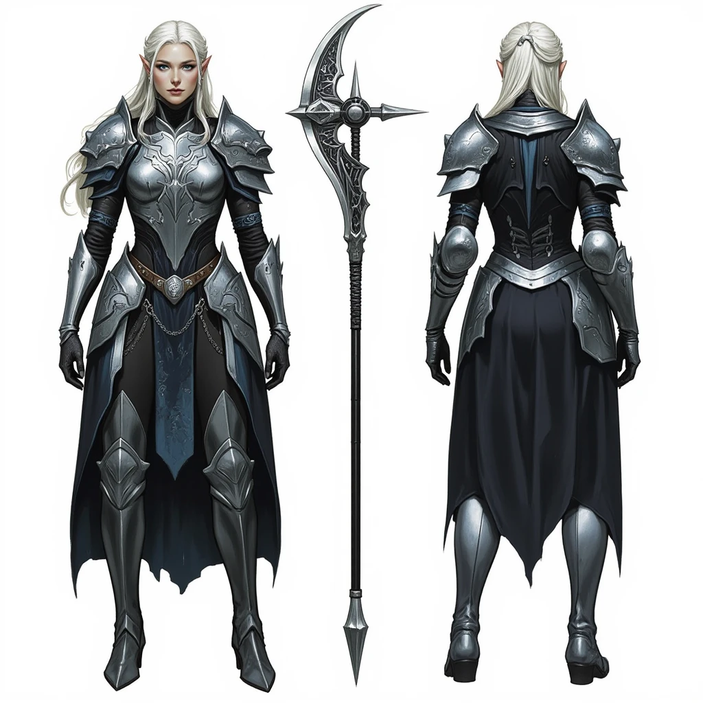(masterpiece), ultra detailed, 8k, ((A character sheet:1.4)) or reference sketch of a beautiful long silver haired girl, ultra realistic and sharp detail and intricate, intricate details, and style, background illustration, white flat background,((long black hair)),((long hair)),((armor))