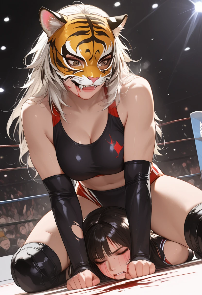 Detailed image, High quality, 4K, detailed face, portrait, anime style, single female tiger, furry, Fluffy fur, beautiful blonde hairstyle, in so expensive sexy boxing outfit with badass patterns, in black boxing gloves, in sport stockings, standing in the gym near the boxing ring,