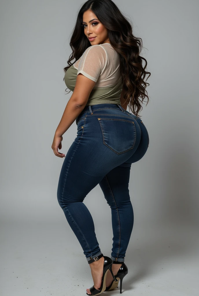 (((Defined woman's body))), (((thick thighs))), (((short jeans))), (((white short strapless top, bare shoulders)))))), ((( sports sneakers))), (((translucent stockings above the knee))), (((ultra detailed skin))), (((small, thin waist))), (((defined abdomen))), ( ((full body))), (((curvy body))), (((masterpiece))), (((62k))), (((Maximum quality))), (((RAW))), (((Realistic))), (((extremely detailed))), (((intricate details))), (((high resolution))), (((It is on its side facing the viewer))),