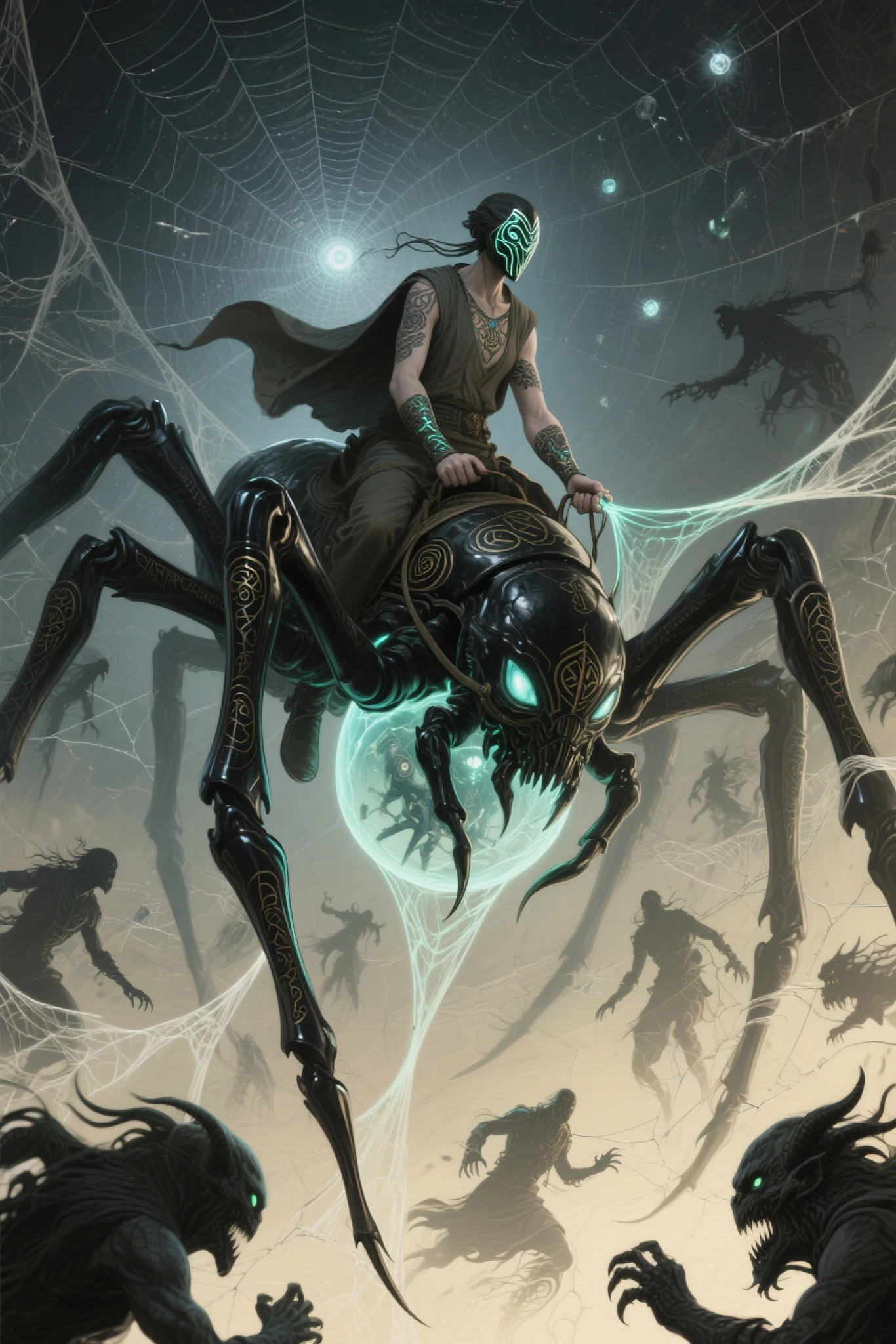 {{{View/Shot}}}
dynamic low-angle full-body shot, centered on Nyx-Silk with her rider atop her back, surrounded by interdimensional webs and encroaching enemies from fractured realities

{{{Subject (with details)}}}
Nyx-Silk, a towering spider with a liquid obsidian exoskeleton, rune-carved legs in constant, glowing motion, and a translucent abdomen swirling with captive galaxies. Mounted on her back is her chosen rider — a lone figure clad in reality-worn robes, a fractal mask that mirrors shifting timelines, and a living tattoo across their arms and neck that pulses in sync with Nyx-Silk’s silk. The rider is fully merged into the spider's form, gripping strands of glowing thread like reins, eyes locked on enemies weaving between the strands

{{{Medium}}}
digital art, epic cinematic fantasy-scifi concept illustration

{{{Resolution/Detail Terms}}}
8K resolution, ultra quality, hyper-detailed, intricate runes, cosmic silk textures, multi-layered spatial depth, crystal-clear enemy silhouettes

{{{Style References}}}
inspired by Maciej Kuciara and Moebius with Gigeresque complexity, cosmic surrealism, and dystopian fantasy tone

{{{Additional Details}}}
Nyx-Silk navigates a vast, celestial web stretched between broken dimensions, while spectral enemies — twisted echoes of forgotten gods, fragmented time-ghosts, and beasts made of pure paradox — crawl along the threads. Around them, shattered relics from dead worlds float among broken planets and melting stars. The silk pulses with memory, and the rider's tattoo glows brighter as the battle escalates

{{{Main Color Themes}}}
obsidian black, iridescent purples, deep void blues, silver starlight, hints of corrupted crimson and glowing gold

{{{Lighting/Shadow}}}
rim lighting from collapsing rifts, pulsating glow from silk strands, deep dimensional shadows shifting across enemy forms, ambient backlight from a dying star in the distance

{{{Quality Terms}}}
masterpiece, cinematic composition, high fidelity, ultra-detailed, trending on ArtStation, epic fantasy showcase