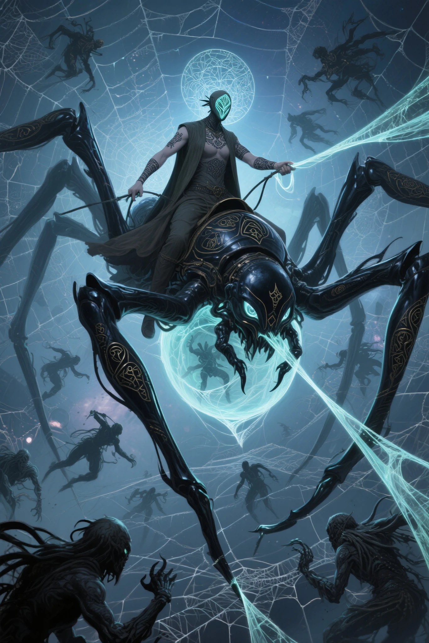 {{{View/Shot}}}
dynamic low-angle full-body shot, centered on Nyx-Silk with her rider atop her back, surrounded by interdimensional webs and encroaching enemies from fractured realities

{{{Subject (with details)}}}
Nyx-Silk, a towering spider with a liquid obsidian exoskeleton, rune-carved legs in constant, glowing motion, and a translucent abdomen swirling with captive galaxies. Mounted on her back is her chosen rider — a lone figure clad in reality-worn robes, a fractal mask that mirrors shifting timelines, and a living tattoo across their arms and neck that pulses in sync with Nyx-Silk’s silk. The rider is fully merged into the spider's form, gripping strands of glowing thread like reins, eyes locked on enemies weaving between the strands

{{{Medium}}}
digital art, epic cinematic fantasy-scifi concept illustration

{{{Resolution/Detail Terms}}}
8K resolution, ultra quality, hyper-detailed, intricate runes, cosmic silk textures, multi-layered spatial depth, crystal-clear enemy silhouettes

{{{Style References}}}
inspired by Maciej Kuciara and Moebius with Gigeresque complexity, cosmic surrealism, and dystopian fantasy tone

{{{Additional Details}}}
Nyx-Silk navigates a vast, celestial web stretched between broken dimensions, while spectral enemies — twisted echoes of forgotten gods, fragmented time-ghosts, and beasts made of pure paradox — crawl along the threads. Around them, shattered relics from dead worlds float among broken planets and melting stars. The silk pulses with memory, and the rider's tattoo glows brighter as the battle escalates

{{{Main Color Themes}}}
obsidian black, iridescent purples, deep void blues, silver starlight, hints of corrupted crimson and glowing gold

{{{Lighting/Shadow}}}
rim lighting from collapsing rifts, pulsating glow from silk strands, deep dimensional shadows shifting across enemy forms, ambient backlight from a dying star in the distance

{{{Quality Terms}}}
masterpiece, cinematic composition, high fidelity, ultra-detailed, trending on ArtStation, epic fantasy showcase