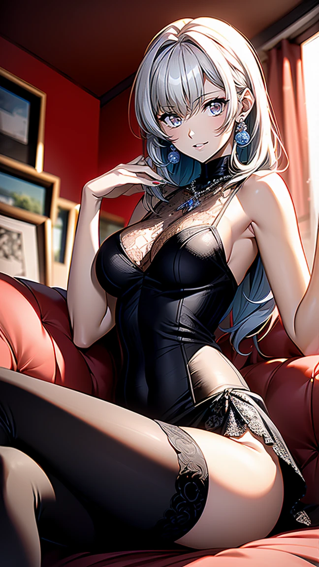 1 Elf Queen,pencil skirts,Mature lady, Redlip,fur,Elf long ears, Black stockings beautiful legs,heeled sandals,Extremely detailed,Silver hair, Colored hair,Comb your hair in a bun,view the viewer(Masterpiece, Best quality:1.2)