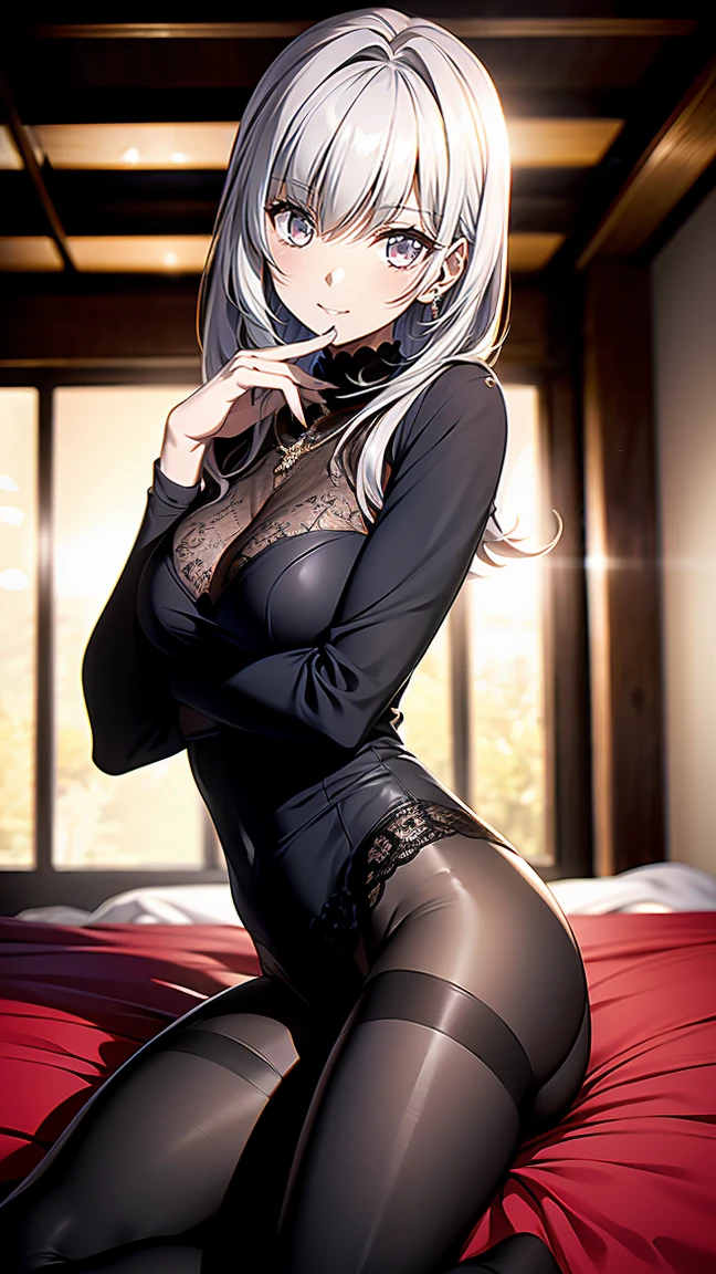 (table top, highest quality、high detail:1.1、Very attractive adult beauty、Add intense highlights to your eyes、Backwards、look back、Beautiful woman full of adult charm、perfect anatomy、silver hear、long hair、shiny hair、lip gloss),1 girl, solo, realistic、tilt your head a little, short and shiny hair、 knit sweater、stylish muffler,bangs、Big eyes、eyelash、face is a little red、embarrassing)、((hotel、on bed))、Big eyes、Give students very strong highlights、(huge breasts:1.4}、very big ger breasts、very beautiful beauty、Please show your ears、long neck、smile a little、beautiful teeth、open your mouth and smile、heart-shaped eyes))、28 years old、very cute super model、tall、(gravure pose、fullbody:1.2)