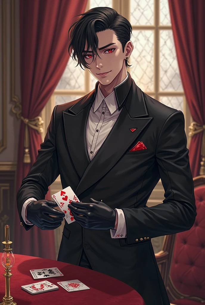hd, ultra detailed, 8k quality, high quality, masterpiece, 1 boy, single, gray hair, man bun, round glasses, black suit, gray tie, white t-shirt, black pants, hitman vibe, playing cards