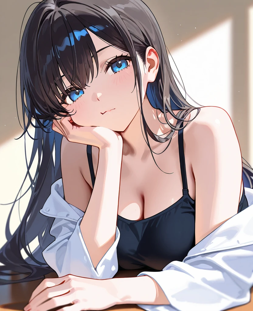 　Blue eyes　　　　High Definition　dark haired　long hair　Perm　　Beautiful Breasts　　Cheek resting on hand
