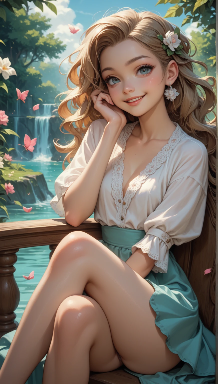 melancholy lighting, quiet, calm, brightness, masterpiece, best quality, 1girl, (JinxLol:1.2), (ultra photorealistic:1.3), (masterpiece:1.4), best quality, ((realistic)), high quality, ultra detailed, ((Real image)), ((realistic skin)), ((realistic face)),(illustration:1.05), (beautiful:1.05), (beautiful detailed eyes:1.05), (cinematic light:1.1), Full body, precise proportions, 18-year-old girl, skinny model lying on the grass, surrounding garden,  tree shadow, VERMEHO hair fluttering in the wind, tulle, long legs, feet slightly open, buttocks, blush, shyness, collarbone, abdominals, double weave, beautiful and delicate face, fair skin, real skin, (face detail), pores, super high resolution, 8k, parameters Best quality, masterpiece, super high resolution, (Realistic 2.0), More details, detailed skin, transparent panties, wide smile, white teeth, voluminous RED hair,  perfect and well designed eyes, girlfriend, beautiful, beautiful, flowers, studio lighting