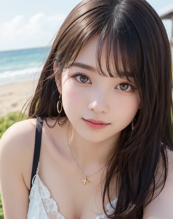 (8k, RAW Photos, highest quality, masterpiece: 1.2), (Very detailed), (Super Resolution), (Genuine, Genuine photos: 1.37)、(Portraiture), (High-quality RAW color photos)、 (Professional photos).( Very detailed and beautiful new),(Very detailed), (8k wallpaper),(Amazing details),(Large file size),(Official Art,),(Very detailed),(8k wallpaper), (Very detailed beautiful girls),(Very detailed facesHighly detailed eyes),(Very fine skin),(Very detailed fingers,),(Very small nose),(Very detailed detailed mouth),(Perfect Anatomy),(Detailed Background),(High Quality Clothing),(20-year-old),(cute girl), (Genuineistic body),(White skin),(Glowing Skin), (Blunt bangs: 1.2), (smile),(cute),(cute face),(Genuineistic face), (delicateな目),(Saggy eyes), (Python print swimsuit 1.2)、Earrings、necklace、Looking into the camera, Dynamic Lighting, G-cup breasts,Big Breasts、(tropical beach background)、(Dynamic Sexy Pose 1.2)、(With cleavage 1.2)、(thin legs 1.2)、(delicate, Plump and moisturized lips)、(Get on all fours)