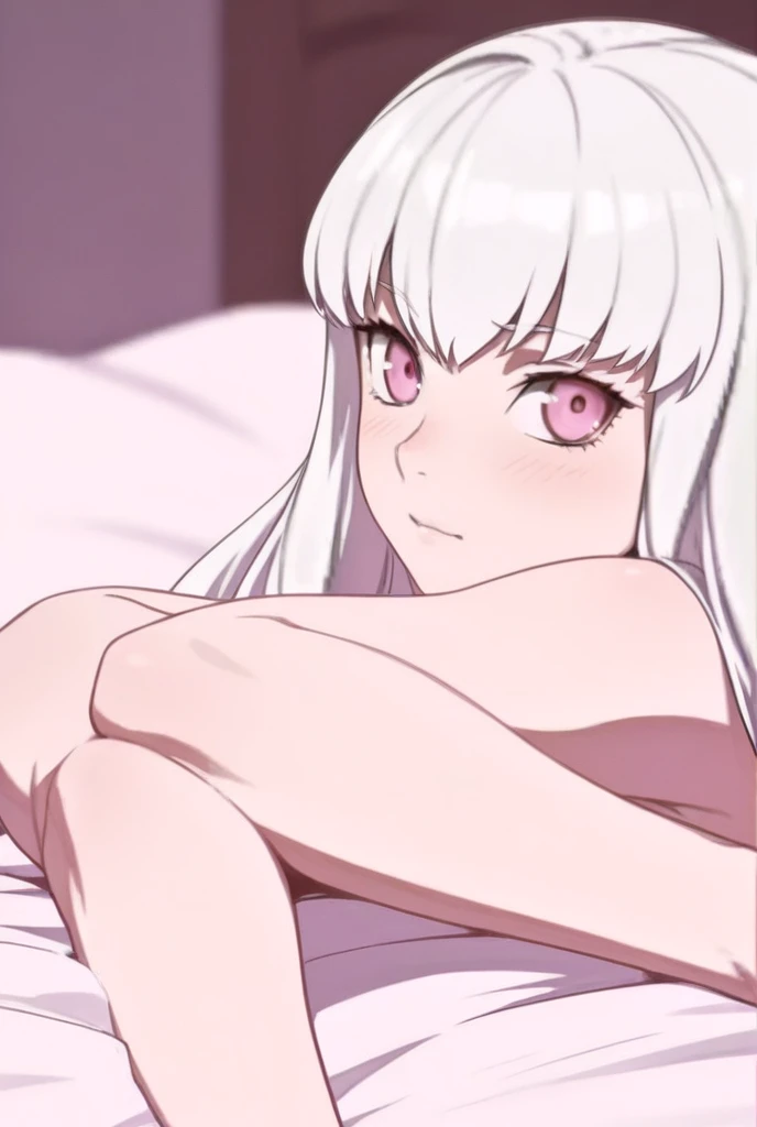 Irisviel,naked,solo,looking at viewer, lustful smile,arm at side,middle size of breast,,lying on stomach,
