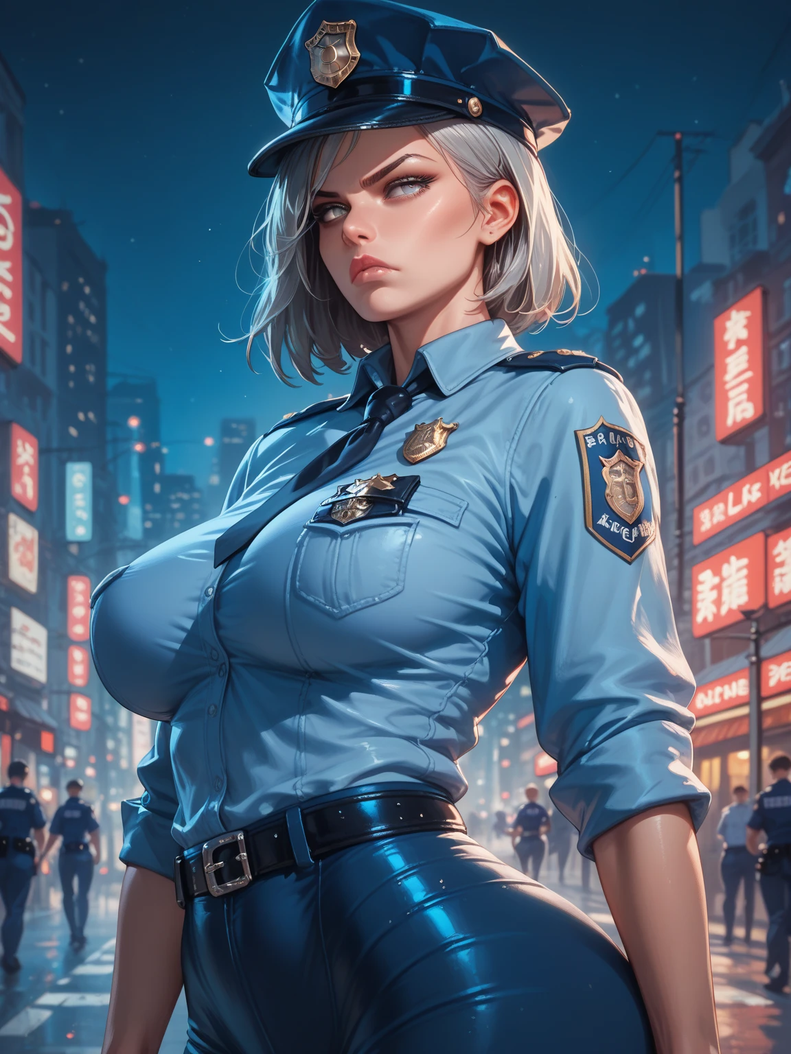 (Cool policewoman.Well-proportioned face.Beautiful white skin.A very muscular, thin body.Well-defined, beautiful six-pack abs.Sharp eyes.White Hair.Boyish short hair with a center part.I can see your forehead.Beautiful blue eyes.Deep red, intense eye makeup.Dark lipstick.Narrow waist.Very large breasts.Very large breastsの谷間.Beautiful light pink areola.Skin is radiant).(Black leather jacket.Nipples.Black leather panties.Black long boots with lots of belts.There are lots of piercings.stockings.Uniform cap).(1 Beauty.Late night back alley.Futuristic City.Leaning back.Leaning against a police car.Smiling thinly.The eyes are narrowed)Perfect Face.Accurate human body.Accurate five fingers.High resolution.It's dynamic.Whole body image