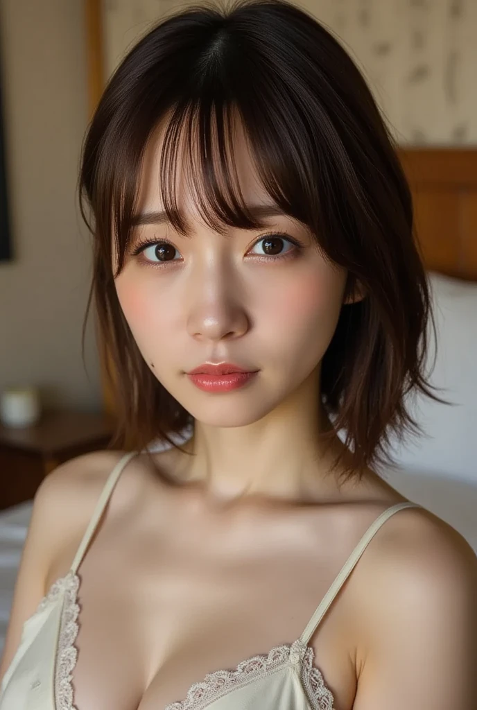 Pink Tank Top, hot pants, bed, (8k, RAW Photos, Realistic: 1.25), 16yo, Cute Face, Baby Face, Pretty lips, smile, Bob cut with bangs, Lots of lip gloss, Lots of eyelashes, Watery eye, highest quality, Ultra-high resolution, Depth of written boundary, chromatic aberration, caustic, Wide Light, Natural Color,