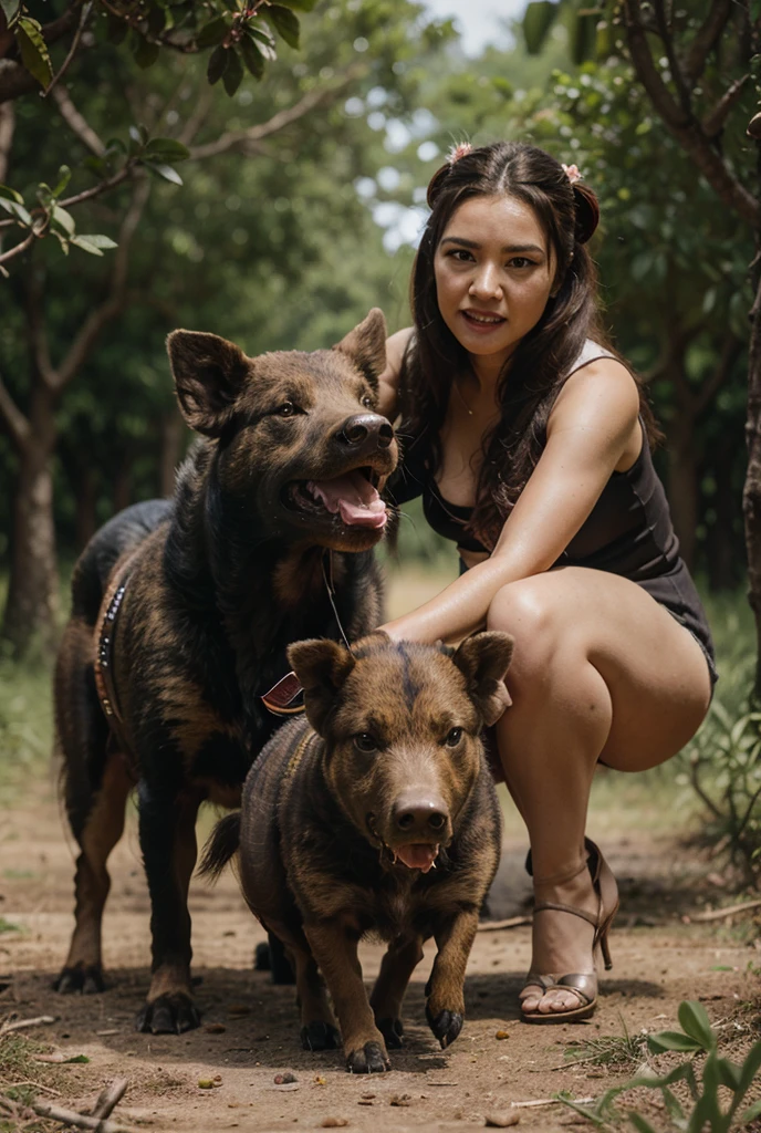 A beautiful Indonesian woman dressed in a bikini is posing in an iron cage wearing an iron chain around her neck and she looks happy and happy surrounded by dozens of fierce black dogs around her at the farm in the afternoon