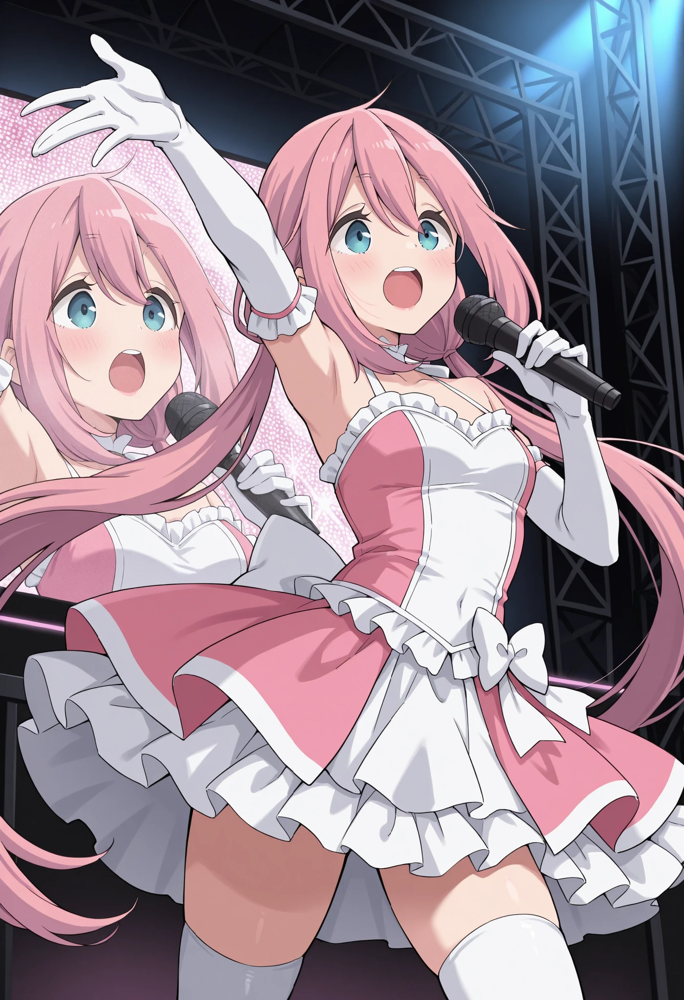 Score_9, score_8_up, score_7_up, source_anime, nadeshiko kagamihara, solo, low twintails, pink hair, blue eyes, (best quality), (high quality), {masterpiece}, extremely delicate and beautiful, ultra-detailed, beautiful detailed eyes, idol, idol costume, pink dress, white elbow gloves, white thighhighs, holding microphone, on stage, screen, multi colored light, dynamic pose, singing, pink lips, open mouth