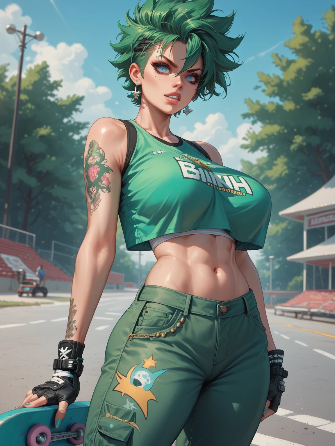 (highest quality,4K,8k,High resolution,masterpiece:1.2),Very detailed,(Realistic,photoRealistic,photo-Realistic:1.37),One Woman, Leona Heidern, Leona MS,Blue Hair, blue eyes, ponytail, logic,Healthy Body,
Beautifully detailed sweat glands,Smooth skin texture,Carefully drawn,
Green shorts, Cleavage,Crop top, Black gloves, uniform, Green jacket, Yellow Tank Top,(humidity:1.3), Beautiful Eyes, (Attractive face:1.2), (Beautiful Skin),(Big Breasts),(Abdominal logics),((Sticky with sweat)),In a dynamic pose,
king of fighters,Outdoor,Dense forest