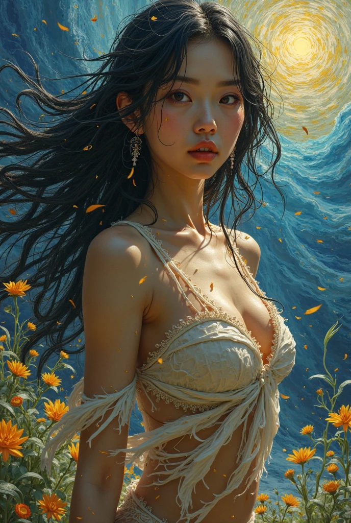 Exquisite (slim (skinny)) Girl (with a perfect, very beautiful face of the southern type and almond-shaped eyes) (with a southern skin tone and soft lips) (with dark hair) (costs (waist-deep in water)) (nude) (with naked tender beautiful breasts) ((with soft pink nipples)) (barefoot) In the middle of a big river; ((Sunset Evening Amber Light)), ((caramel soft warm shades)); (Warm summer late evening), ((Warm sunset light)); draw ((in watercolor style)); ((very beautiful exquisite face)); (High image quality, High detail), ((discreet faded shades, pale expressionless colors, imitation of film photography, diffused soft light)); ((big alien eyes), skinny); ((delicate mint shades)), (sfumato)