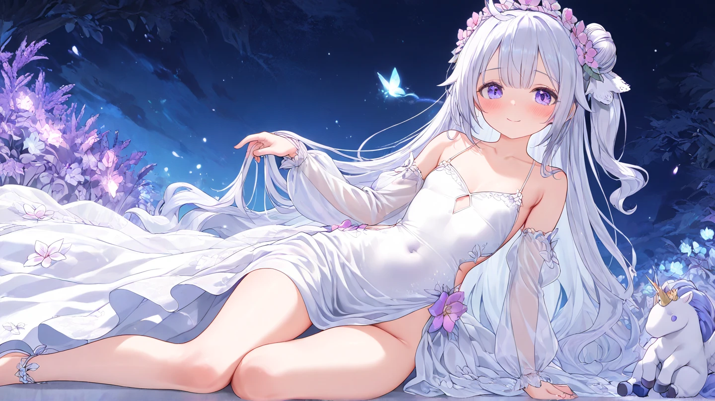 Lilac gradient hair,Asymmetrical hair,((Hair is very thick 1.8,Hair is well-defined1.6)), Hair over the shoulder, messy hair, Very long hair, shinny hair,(Long gray hair:1.2),A beautyful girl,(Luxurious Platinum Mini Lolita,Made of transparent material),(Transparent clothes transparent 1.8),perfect body figure,Tall and tall figure,slenderness,(looking sad,Haggard complexion、Haggard complexion,grieves,close your mouth:1.2) Against the backdrop of an unusually bright dark starry sky,(lie,Photographed from top to bottom),(Round, bigger, firm breast),Barefoot,afloat,waterface,(long leges,long leges,long leges,Perfect leg shape,A body without blemishes),Full body photo