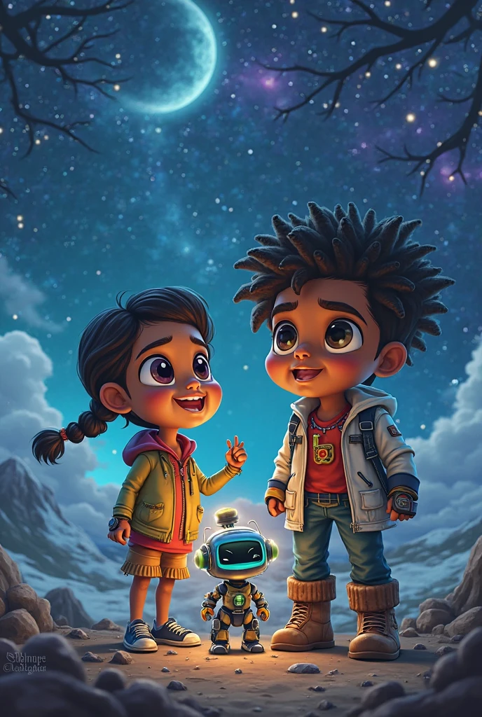 highest-def, highest-res, highest-quality, disney-pixar illustration、Two boys African American, light-skinned-african-american reflected in a wide-angle lens with illuminations in the background。The kids bucks and vr googles on the right is money-baggs and disney-pixar-looking character boys and girls on the left, and Childern-wearing-Occlus-Meta-VR-googles, Playing. High-Def-Futurustic-Background. Highest-Video-quality for all "Filters"