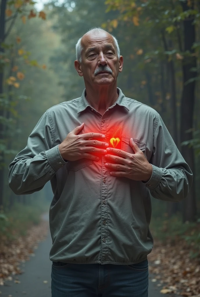 A man haveing heart attack and holding his chest out of pain sitting in jungle