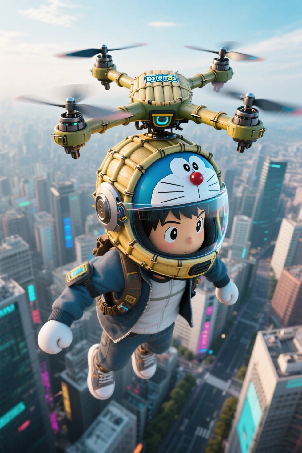  masterpiece, highest quality, high resolution, 4k,8k,(realistic, photo realistic: 1.5),((fly through the air with drone copter helmets))、drone with an integrated helmet,Wear it on your head(image of Doraemon's bamboo copter)、helmet drone that can fly in the sky、Only those who wear it、Break helmet boy wearing drone、Fly over the city 、Angle shot from directly above、Exquisite Details、attention to detail、pop color scheme、cyberpunk、Best Lighting、((ANGLE SHOT FROM DIRECTLY ABOVE)) 
