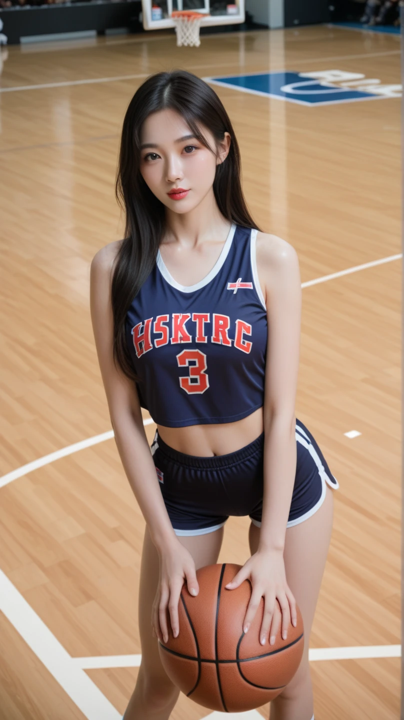 (Photoreal: 1.4), (Hyper-realistic: 1.4), (Realistic: 1.3), (Smooth lighting: 1.05), (Improved cinematic lighting: 0.9), 32K, 1 girl, 20 year old girl, Realistic lighting, Backlight, Face Light, raytrace, (Whitening light: 1.2), (Image enhancement: 1.4), ( Top quality real skins: 1.4), Narrow eyes, Fine face, Narrow eyes, (Body Line Mood Increase: 1.1), Oversized breasts, Big, (Skin Texture Enhancement Beauty: 1.1),Volleyball uniform:1.4, Indoor_Volleyball_court_Background:1.4, thighs thighs thighs thighs, Protruding , Crotch