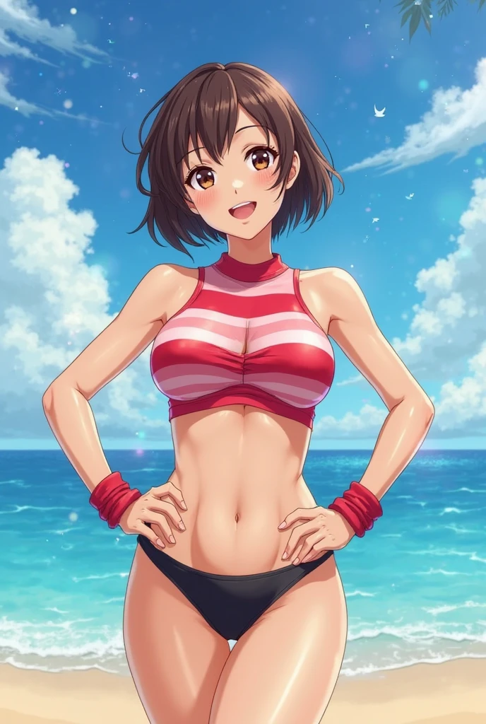 highest quality、Realistic、zoom、Chestnut Hair、Gray Eyes、short hair、Orange swimsuit、Tanned black body、Tan、Dark Skin、slender、Small breasts、Sweat、smile、Ocean、