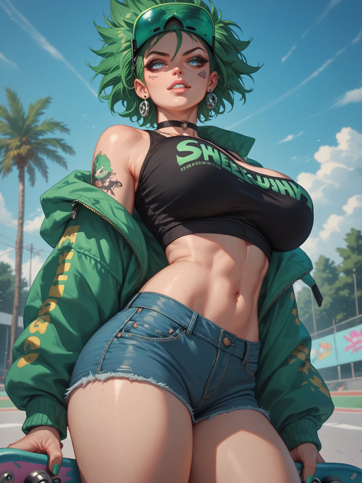(Masterpiece, Best quality), Intricate details, 1girll, Solo, Super detailed, high resolution, Very detailed, Best quality, Masterpiece, (Sexy body), Skinny, IG model | Art germ, Phlegm sputum, phlegm | Art germ, Style Artgerm, Fanart Meilleure ArtStation, (Extremely detailed CG unity 8k) A young woman, beuaty girl (((tightsuit))), (((Skirt))), Clothes on tights(Sexy abs) Visible, pettycoat, coalescence,, beautiful light up, ((short-hair)) Tomboyish, bangs, Seductive eyes, Soft skin, Glossy, ((Wet_clothes)), choker necklace, full bodyesbian, (Thigh mucus), ((perfect feminine face)), (((Crotch))), White panties and bra{ Plump sexy big lips}, (butt_Visible groove thigs), (hands on top of breasts), ela_(rainbow_six_siege), masterpiece, best quality, green hair