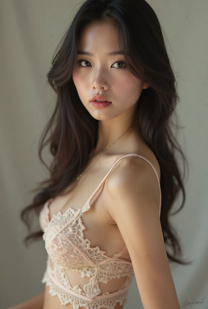 (Highest quality:1.4),(masterpiece:1.4),(Realistic:1.4),(Realistic:1.2),(超High resolution, RAW Photos:1.4),(High resolution, Very detailed:1.2),(8k:1.2),photograph,(Shot from behind:1.3)、Korean women、brown hair photos,One Woman,alone,(In underwear),Very large breasts,((Thigh to head shot:1.3))、(((topless、You can see her large breasts from the side.)))、((Smile))、((Very large breasts:1.4))、Realistic skin textures、Slightly freckled、Slender figure、Realistic skin textures、((background,Concrete wall:1.3)),(topless,The breast is visible from the side:1.6),(Long lace slip,White)、3 woman、The angle at which the nipple is not visible、((Updo long hairstyle))、((White,Long lace slip:1.4))、Correct toes、Detailed facial features、Long slip covers the buttocks and soles of the feet、Long slip covers your butt、