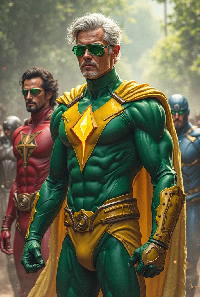 On the cover of the movie poster, the young Professor Petterson stands at the center, now transformed into a heroic figure. His iconic yellow dress shirt has evolved into a sleek superhero costume, still vibrant yellow but now featuring reinforced fabric with subtle green accents, including his trademark green bow tie as part of the suit's design. His white pants are now part of a form-fitting, high-tech uniform, and a flowing green cape drapes from his shoulders. The rosary he holds glows faintly, integrated into his costume as a symbol of his power and faith. His short black hair is neatly trimmed, and his well-groomed goatee and mustache add a sharp, commanding presence to his youthful, white face.

Beside him, his two 1 students have also been transformed into superheroes. The dark-haired boy on his right now wears a dark blue suit with sleek yellow accents running along the arms and legs, highlighting his athletic build. His spiky hair is now more controlled, adding to his intense, focused expression. A yellow cape flows behind him, complementing his dynamic pose.

On Petterson’s left, the blonde boy is dressed in a similarly styled blue suit, but with more pronounced yellow details along the shoulders and chest, making him stand out. His green eyes gleam with confidence, and his fair hair is styled to perfection. A matching yellow cape billows behind him, adding to his powerful and striking appearance.

The trio stands ready for battle, their superhero costumes enhancing their youthful vigor and determination. The dramatic backdrop hints at the epic confrontation ahead, with the capes flowing and the heroic stances capturing the viewer's attention, promising an action-packed and inspiring adventure.