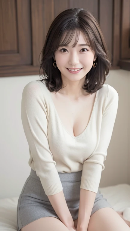 (masterpiece:1.3), (8k, Photorealistic, Raw photo, Best image quality: 1.4), Japanese 、(Random Hairstyles:1.2)、Cleavage:1.2、Super detailed face、Attention to detail、double eyelid、Put your chest together、Sharp focus:1.2、Beautiful woman:1.4、Light brown hair、highest quality、masterpiece、超A high resolution、(Photorealistic:1.4)、Highly detailed and professionally lit smile、Loose, lightweight knitwear、Shoulders out、thin、Serious expression、Short-haired、Deadly position