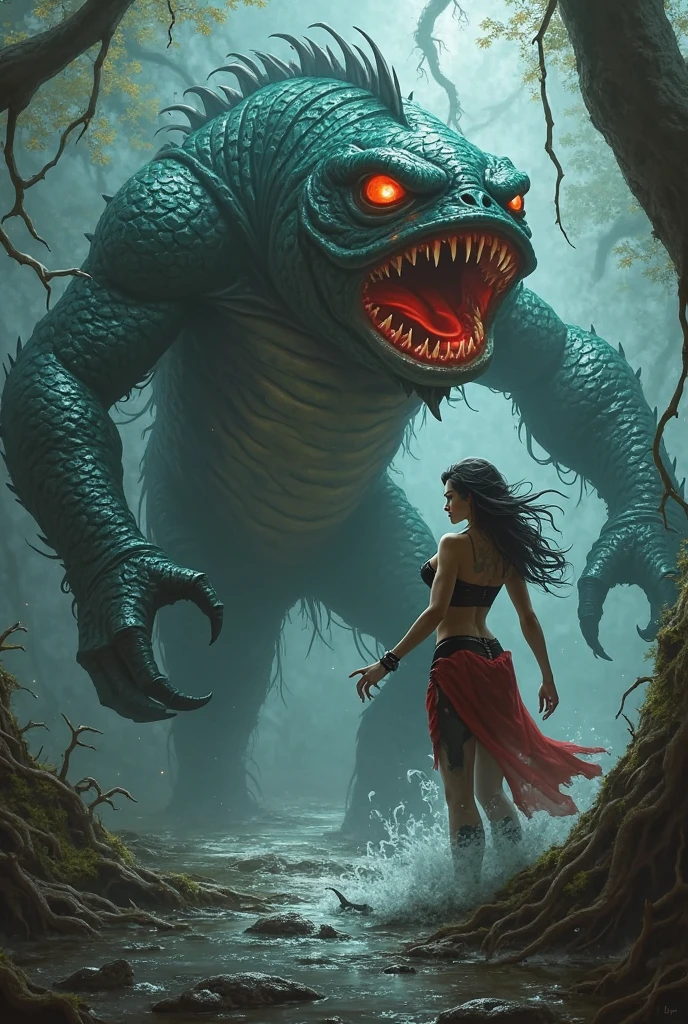 beautiful bbw girl, chubby girl, water monster girl, black lagoon monster head, Creature from the Black Lagoon head, green skin, full body, nude girl, gills on the neck, fish skin, swamp background, russian forest background, girl standing in a swamp, purple fog, VHS interference